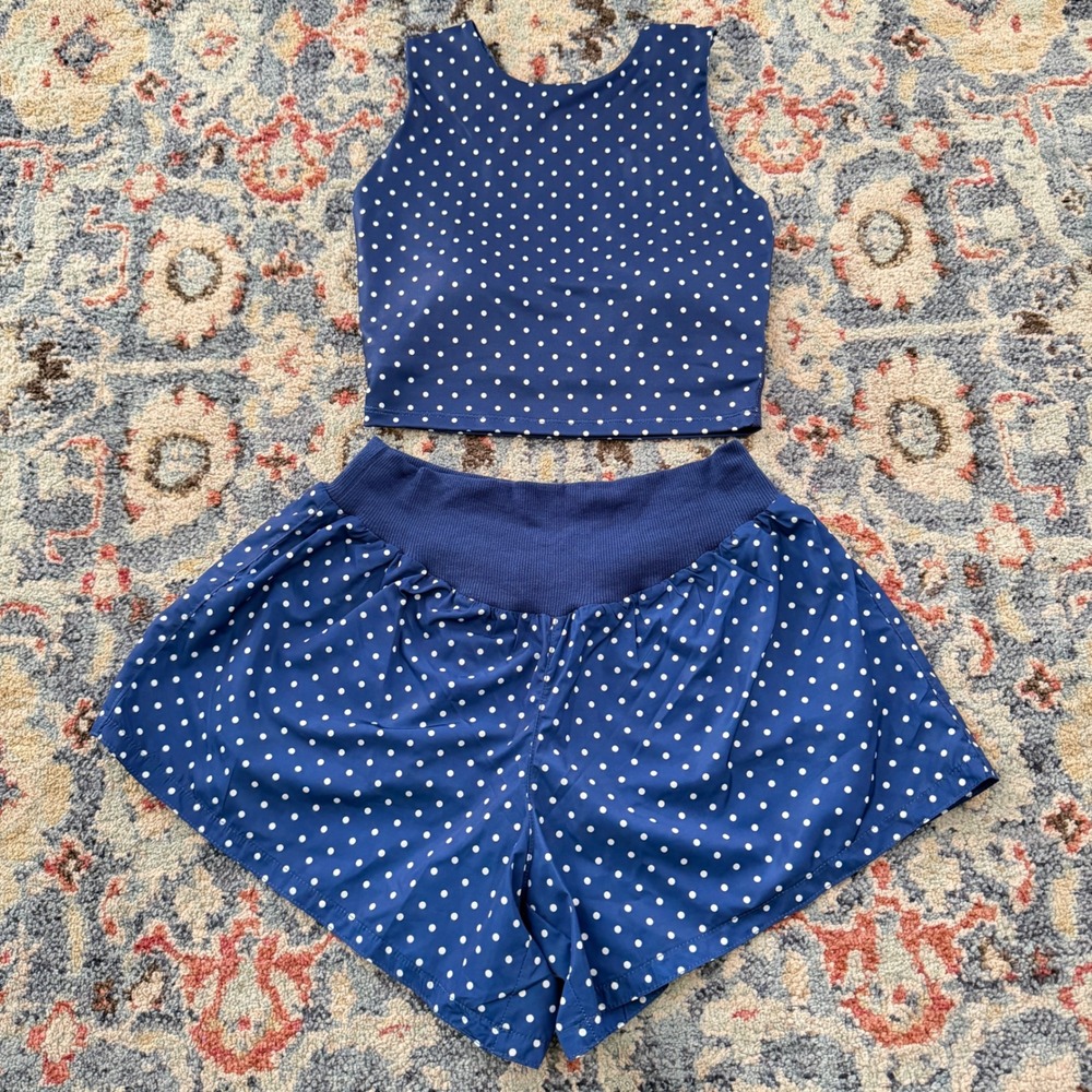 Shop The Mint Shorts Set Girls 12/14 Navy Polka Dot Activewear Athleisure EUC